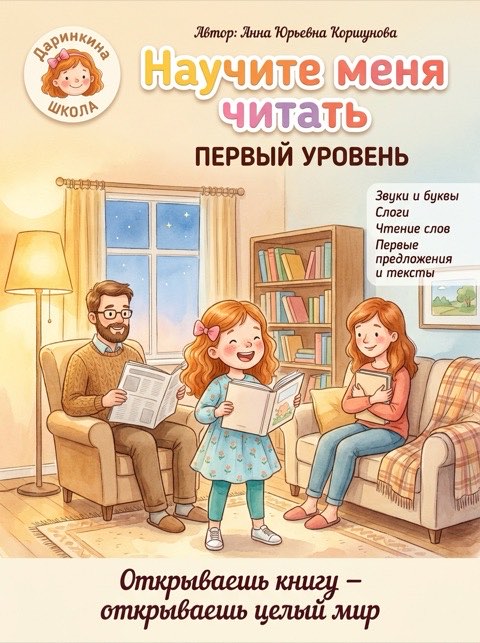 Обложка тетради «Научите меня читать»: Даринка читает книгу вслух маме и папе