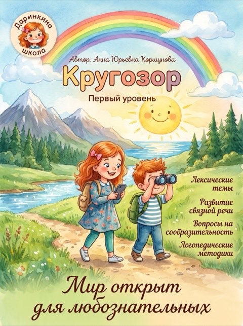 Обложка тетради «Кругозор», первый уровень: Даринка с другом идут в поход в горы