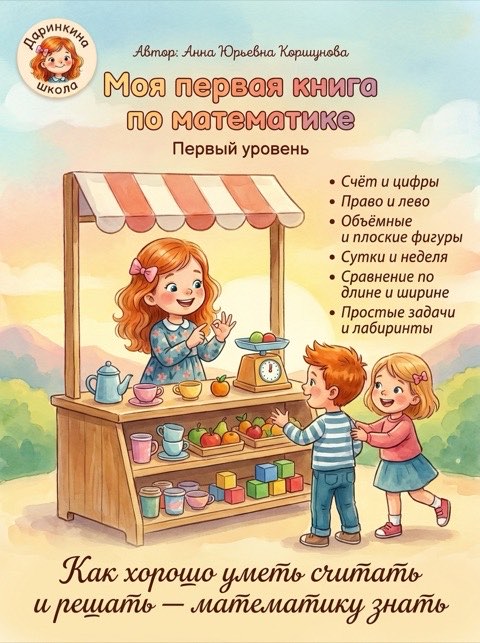 Обложка тетради «Моя первая книга по математике»: Даринка продаёт фрукты за прилавком